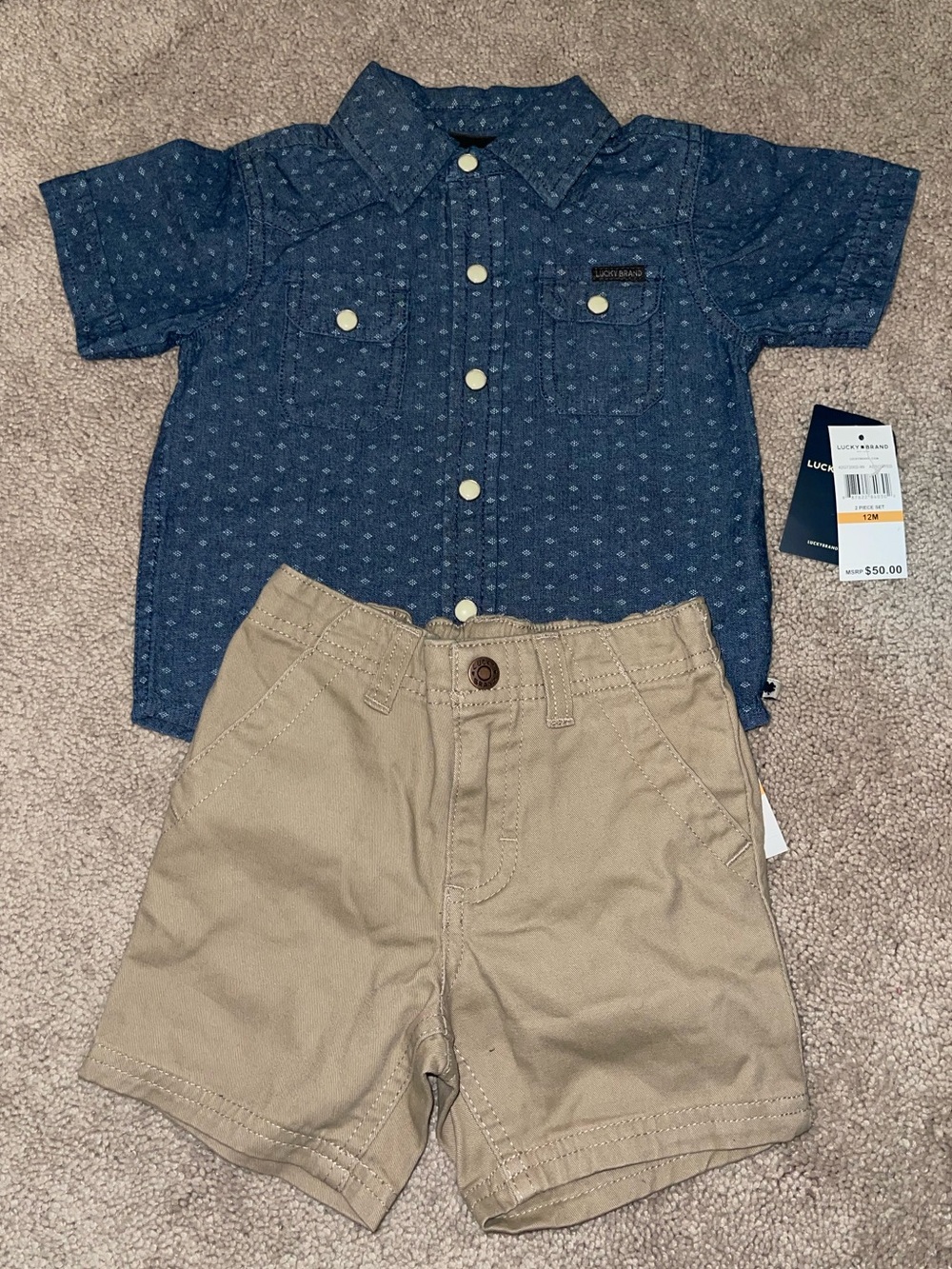 NWT Lucky Brand Navy Printed Short-Sleeve Shirt & Tan Shorts Set